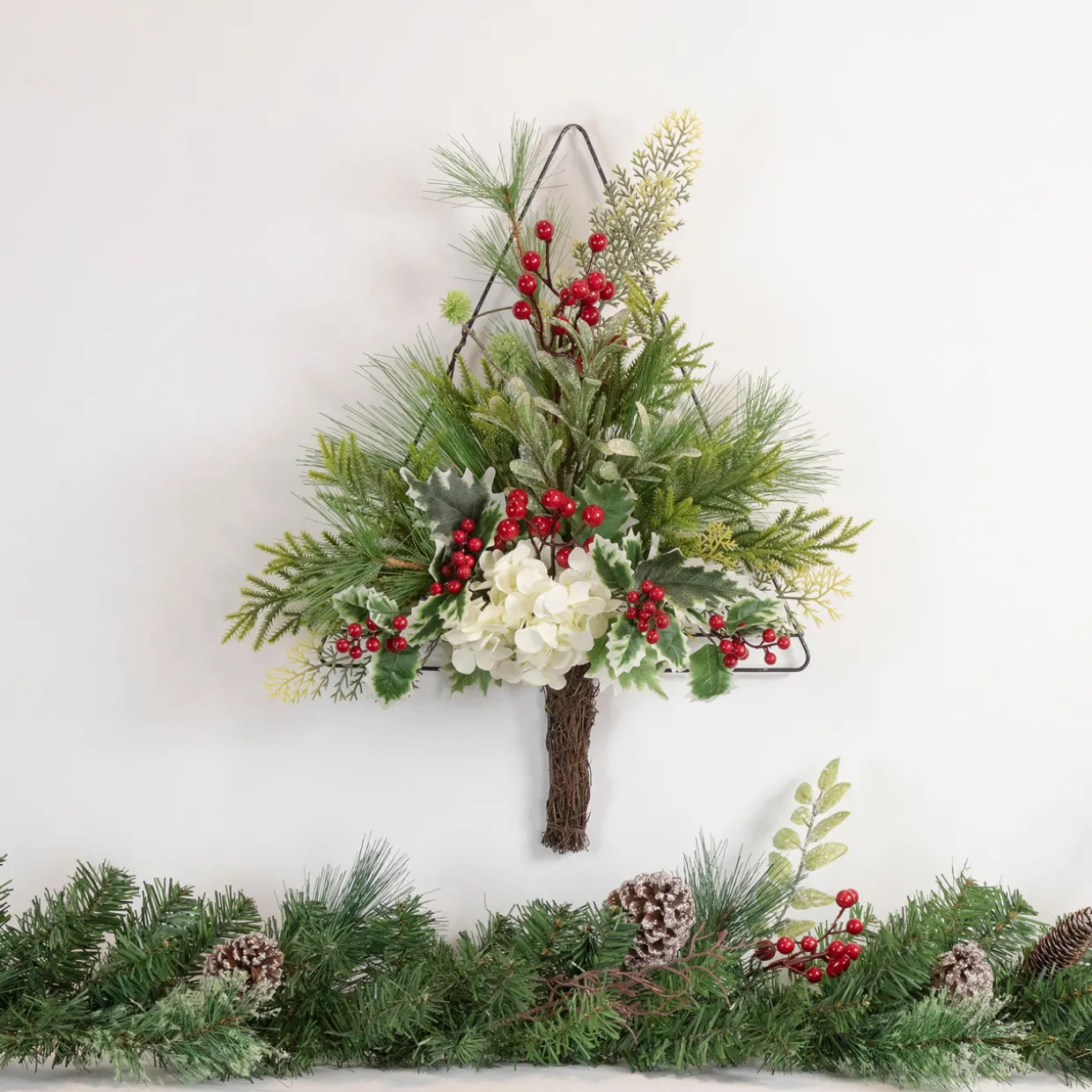 24" Pine Christmas Tree Wall Hanging Decoration with Berries and Holly