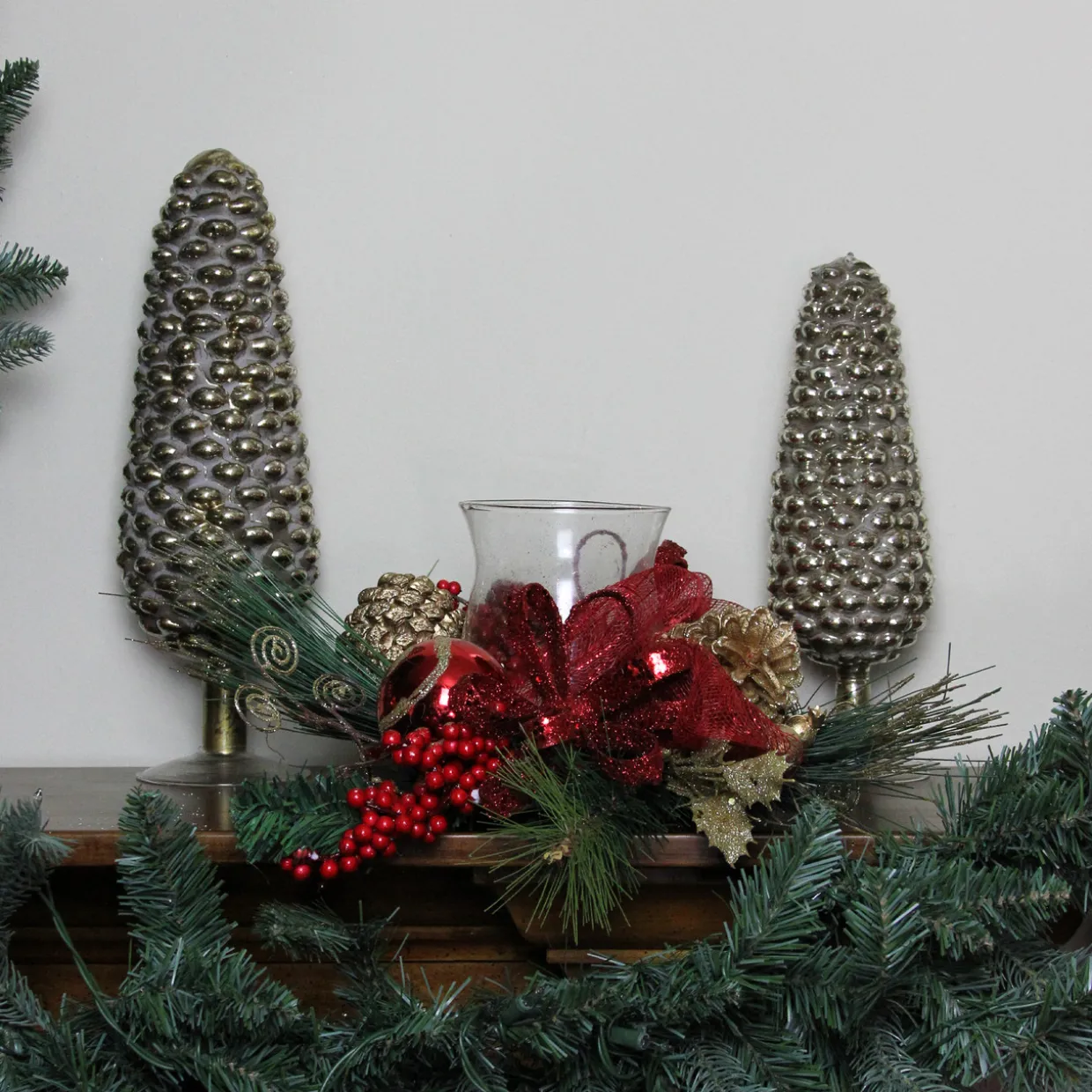 18" Pine Sprigs and Glittered Berries Christmas Hurricane Candle Holder