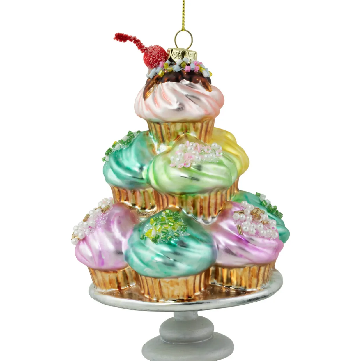 6" Pink and Blue Cupcake Tower Glass Christmas Ornament