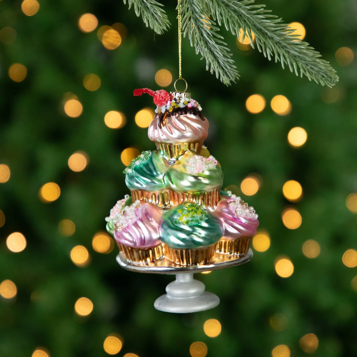 6" Pink and Blue Cupcake Tower Glass Christmas Ornament
