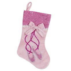 14" Pink and Silver Ballerina Shoes Christmas Stocking with Glitter Cuff and Bow