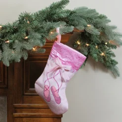 14" Pink and Silver Ballerina Shoes Christmas Stocking with Glitter Cuff and Bow