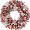 13" Pink and White Wooden Floral Christmas Wreath with Pinecones