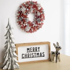 13" Pink and White Wooden Floral Christmas Wreath with Pinecones