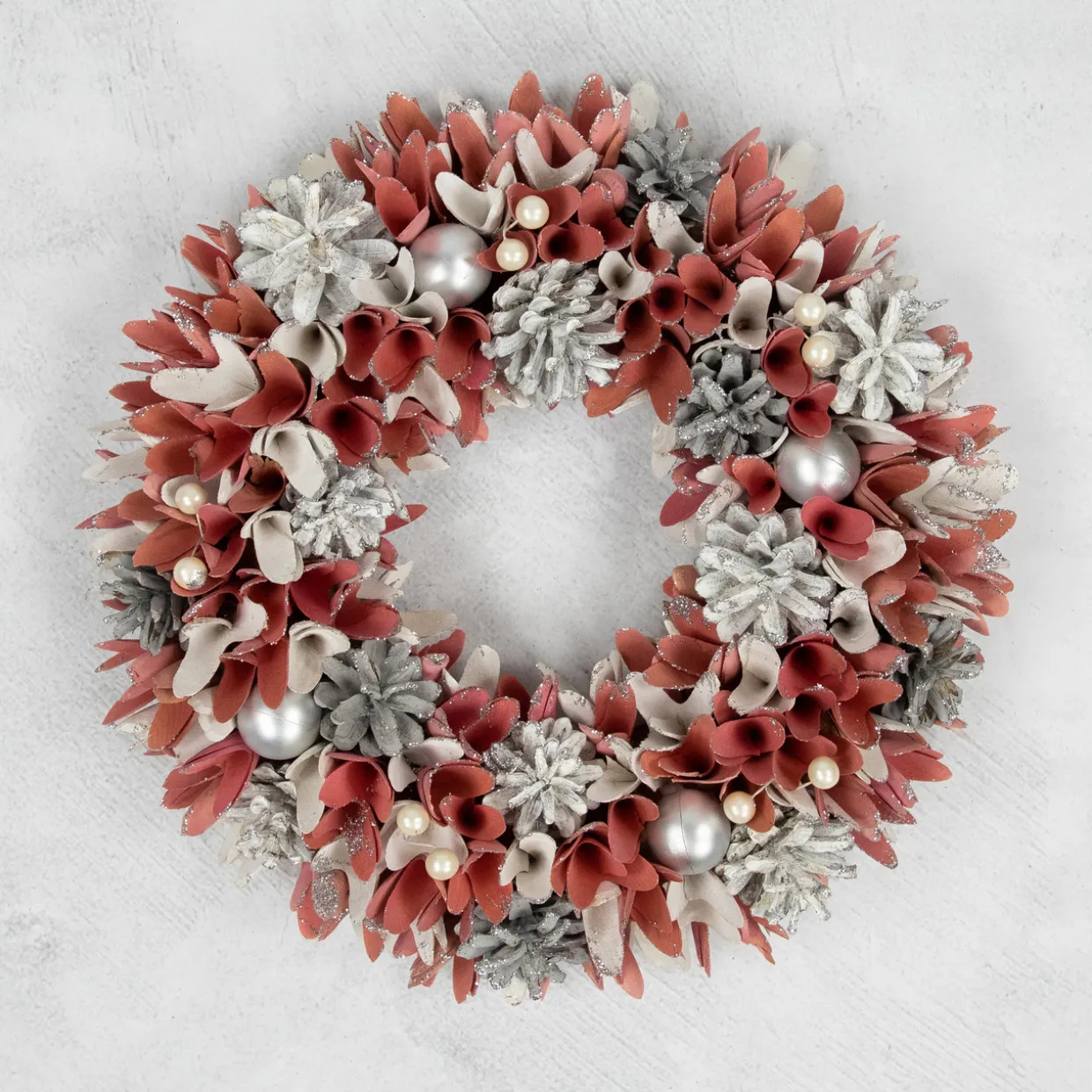 13" Pink and White Wooden Floral Christmas Wreath with Pinecones