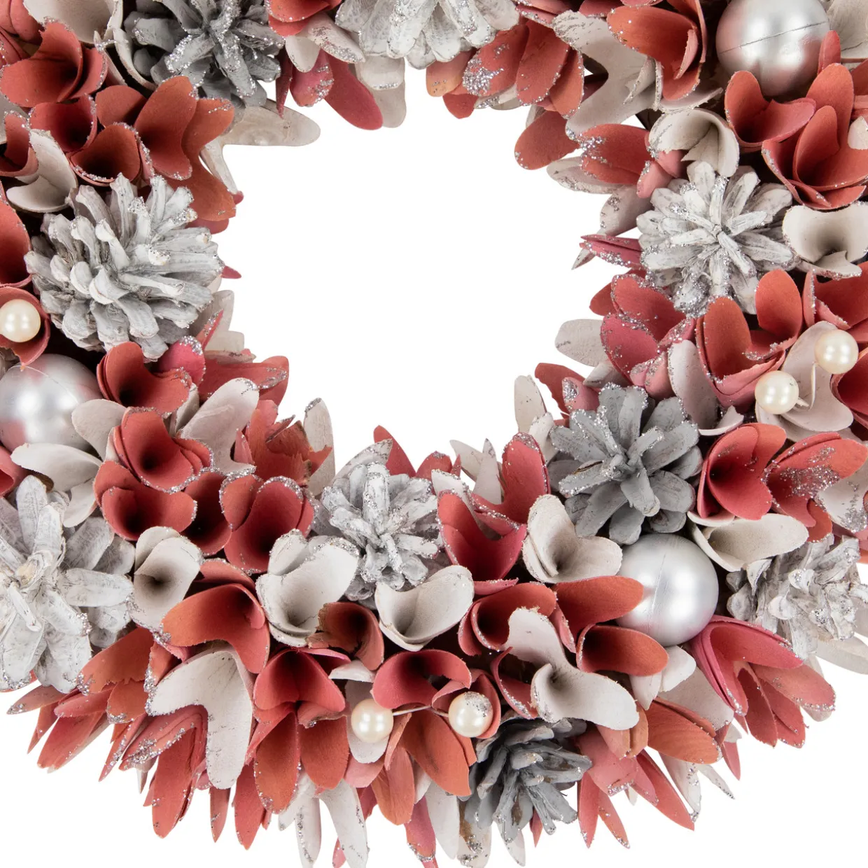 13" Pink and White Wooden Floral Christmas Wreath with Pinecones