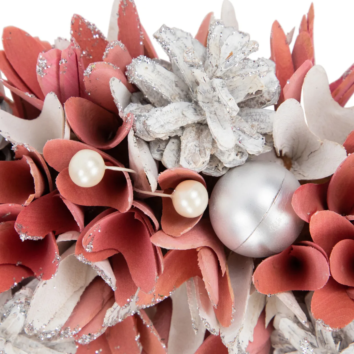 13" Pink and White Wooden Floral Christmas Wreath with Pinecones