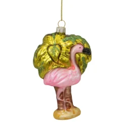 4" Pink Flamingo with Palm Tree Glass Christmas Ornament