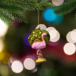 4" Pink Flamingo with Palm Tree Glass Christmas Ornament