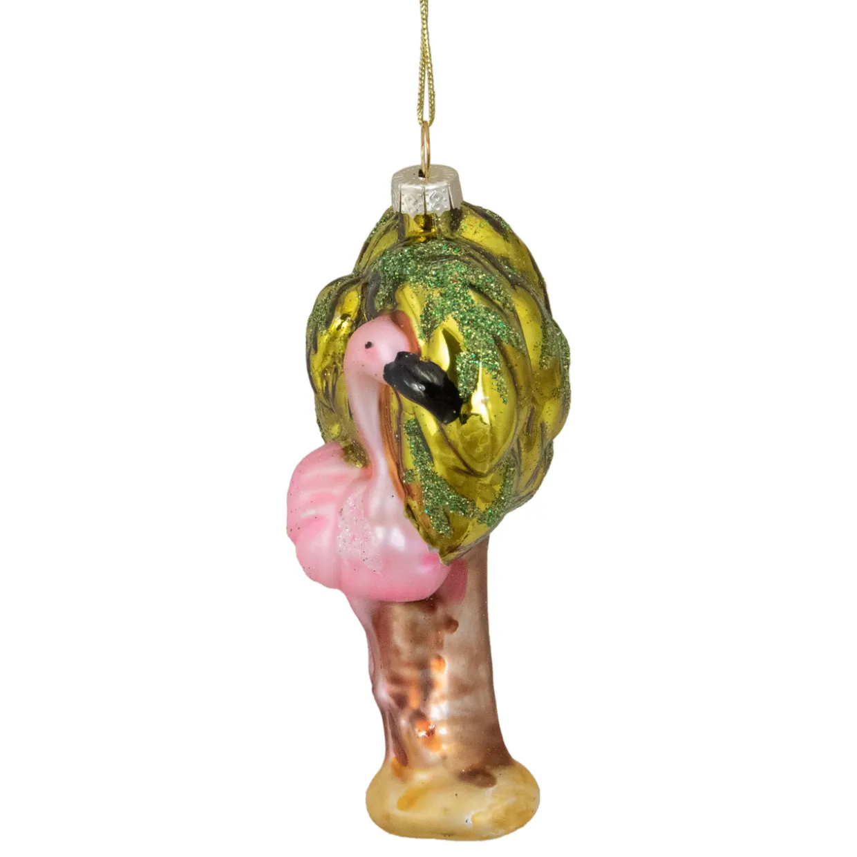 4" Pink Flamingo with Palm Tree Glass Christmas Ornament