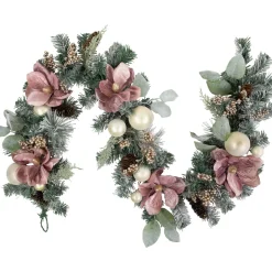 6' Pink Floral and Ball Ornament Frosted Pine Artificial Christmas Garland