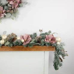 6' Pink Floral and Ball Ornament Frosted Pine Artificial Christmas Garland