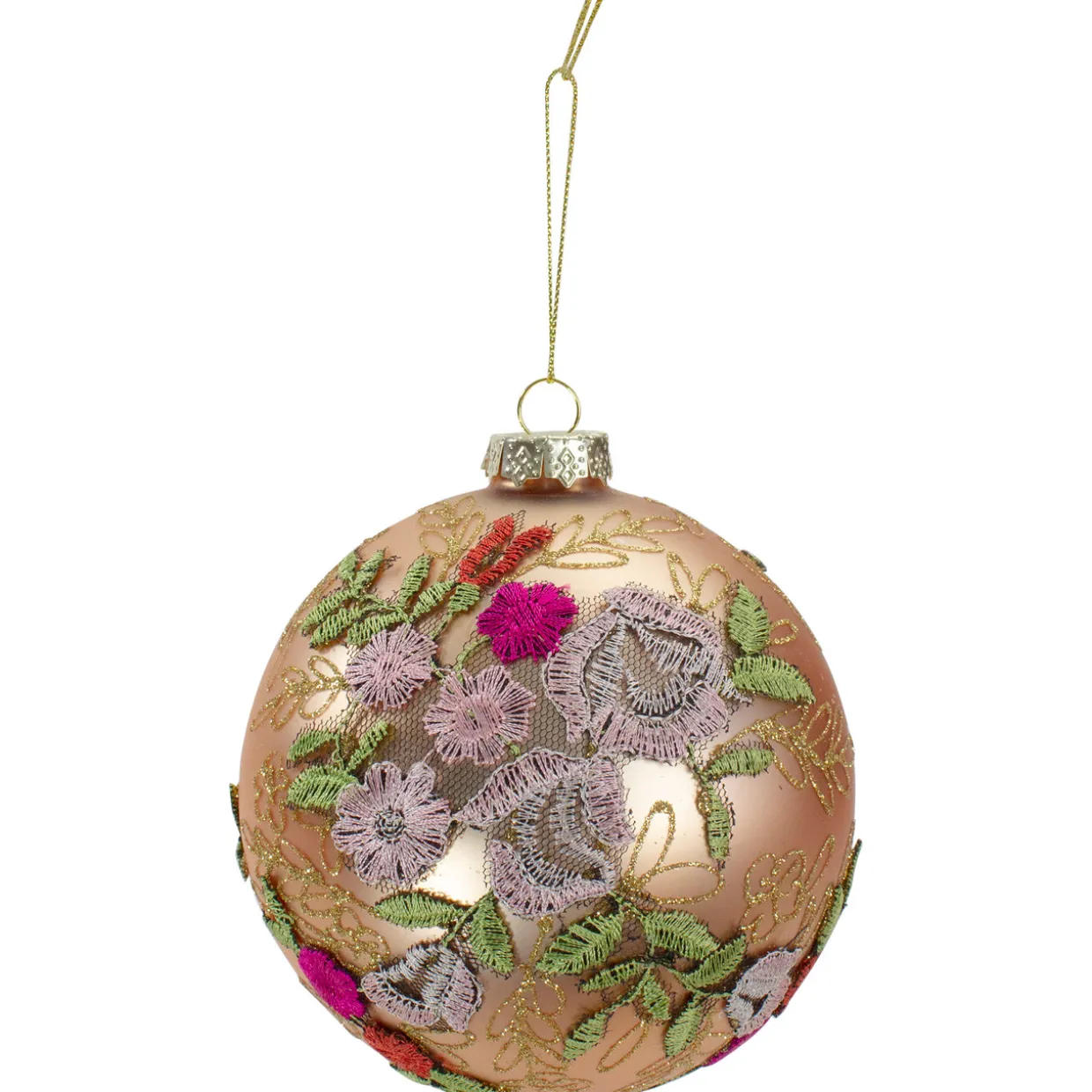 4.5" Pink Floral Applique Glass Ball Christmas Ornament