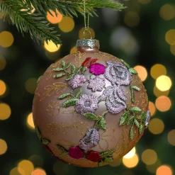 4.5" Pink Floral Applique Glass Ball Christmas Ornament