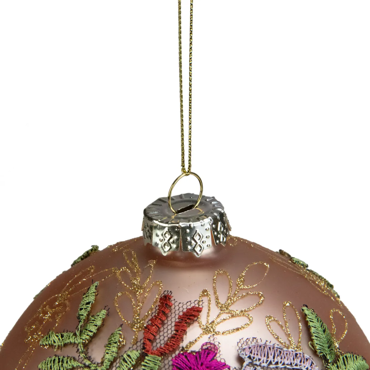4.5" Pink Floral Applique Glass Ball Christmas Ornament