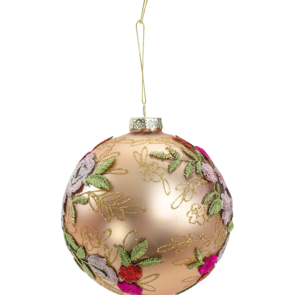 4.5" Pink Floral Applique Glass Ball Christmas Ornament