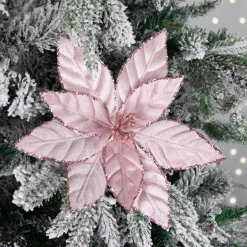 10" Pink Glittered Poinsettia Christmas Floral Pick Clip-On Ornament