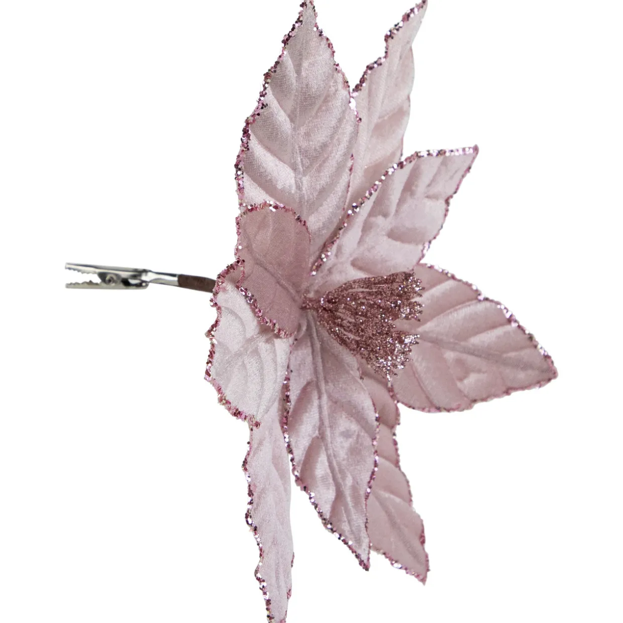 10" Pink Glittered Poinsettia Christmas Floral Pick Clip-On Ornament