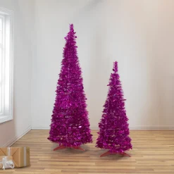 6' Pink Tinsel Pop-Up Artificial Christmas Tree, Unlit