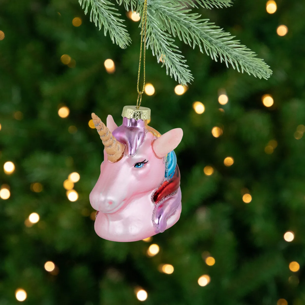 3.5" Pink Unicorn Head with Rainbow Mane Glass Christmas Ornament