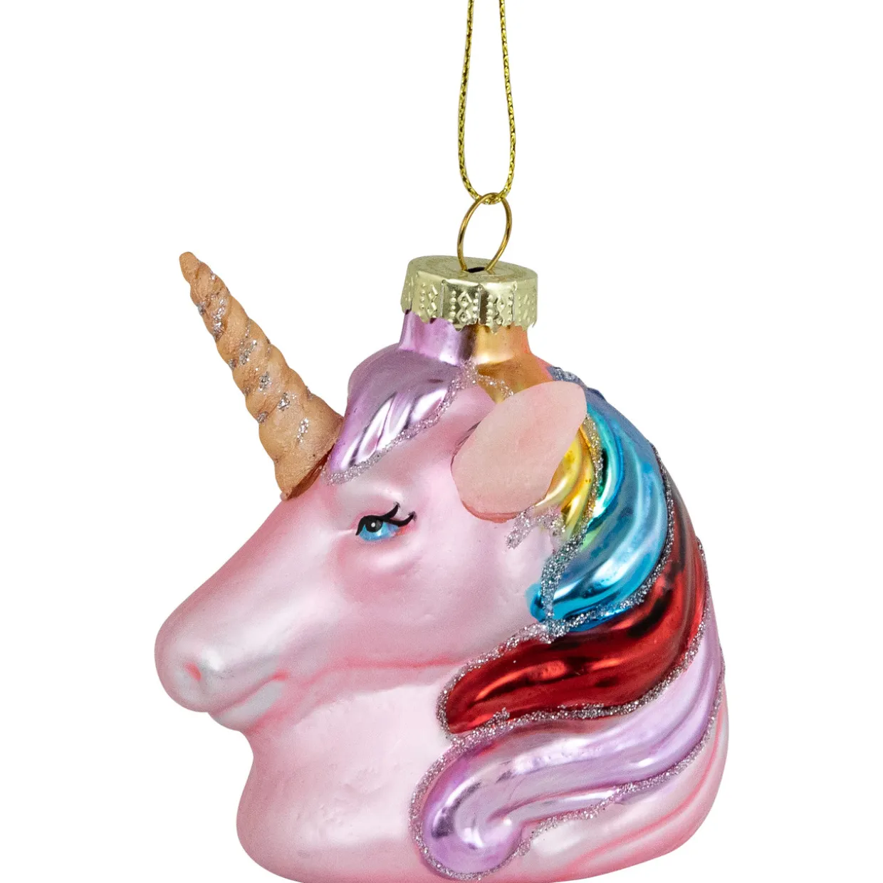 3.5" Pink Unicorn Head with Rainbow Mane Glass Christmas Ornament