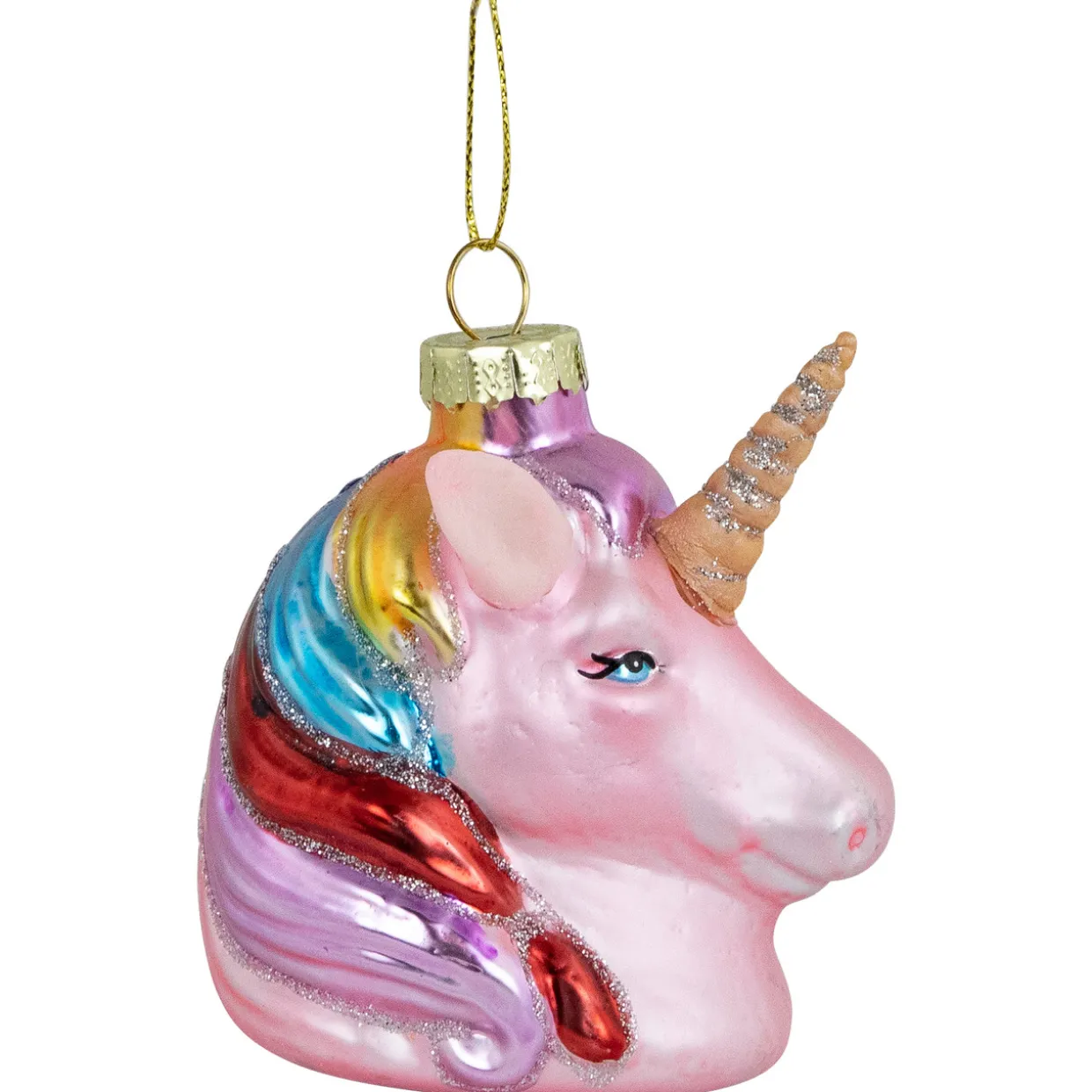 3.5" Pink Unicorn Head with Rainbow Mane Glass Christmas Ornament