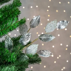 28" Platinum Silver and Icy Glitter Leaves Christmas Spray