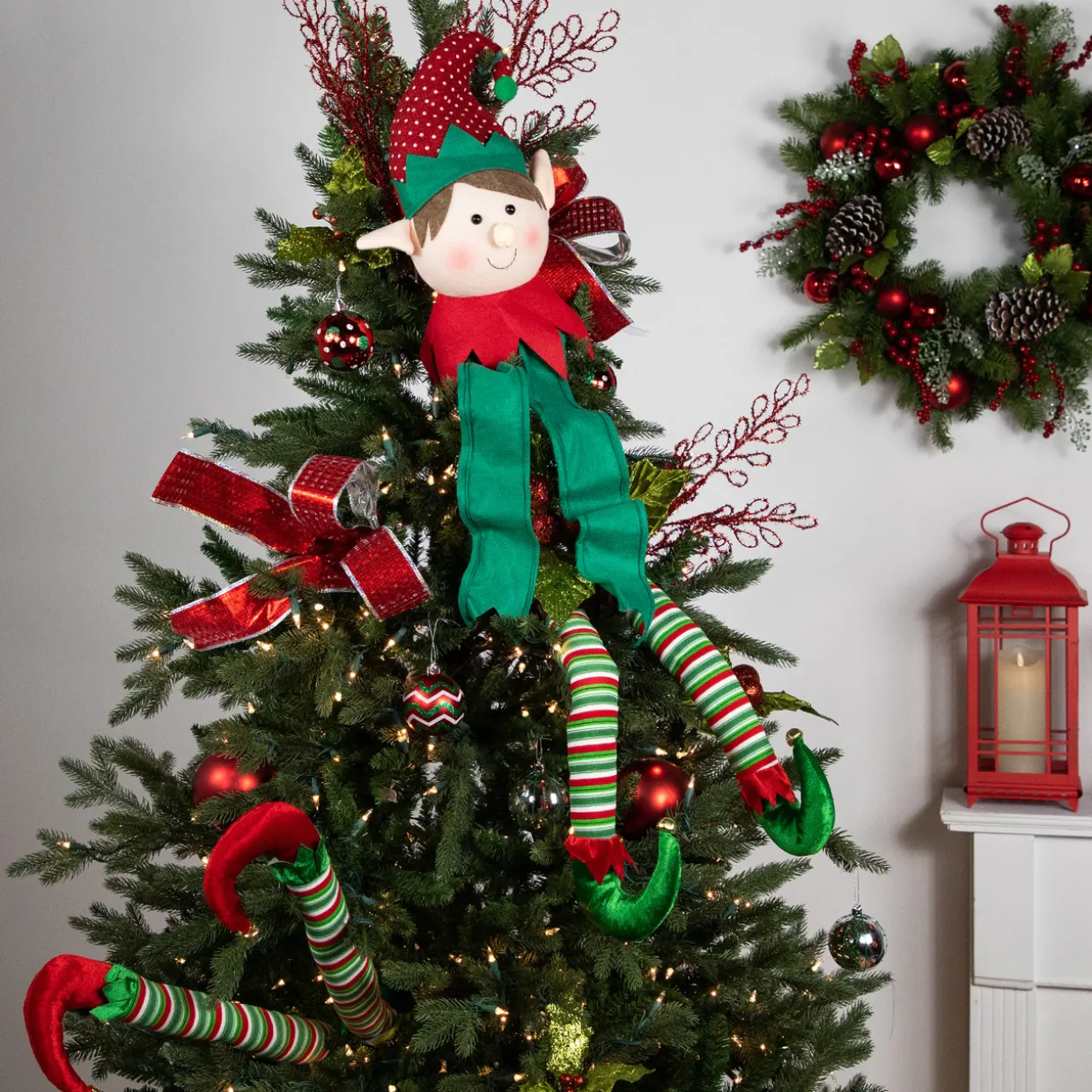 16" Plush Red and Green Elf Christmas Tree Topper, Unlit