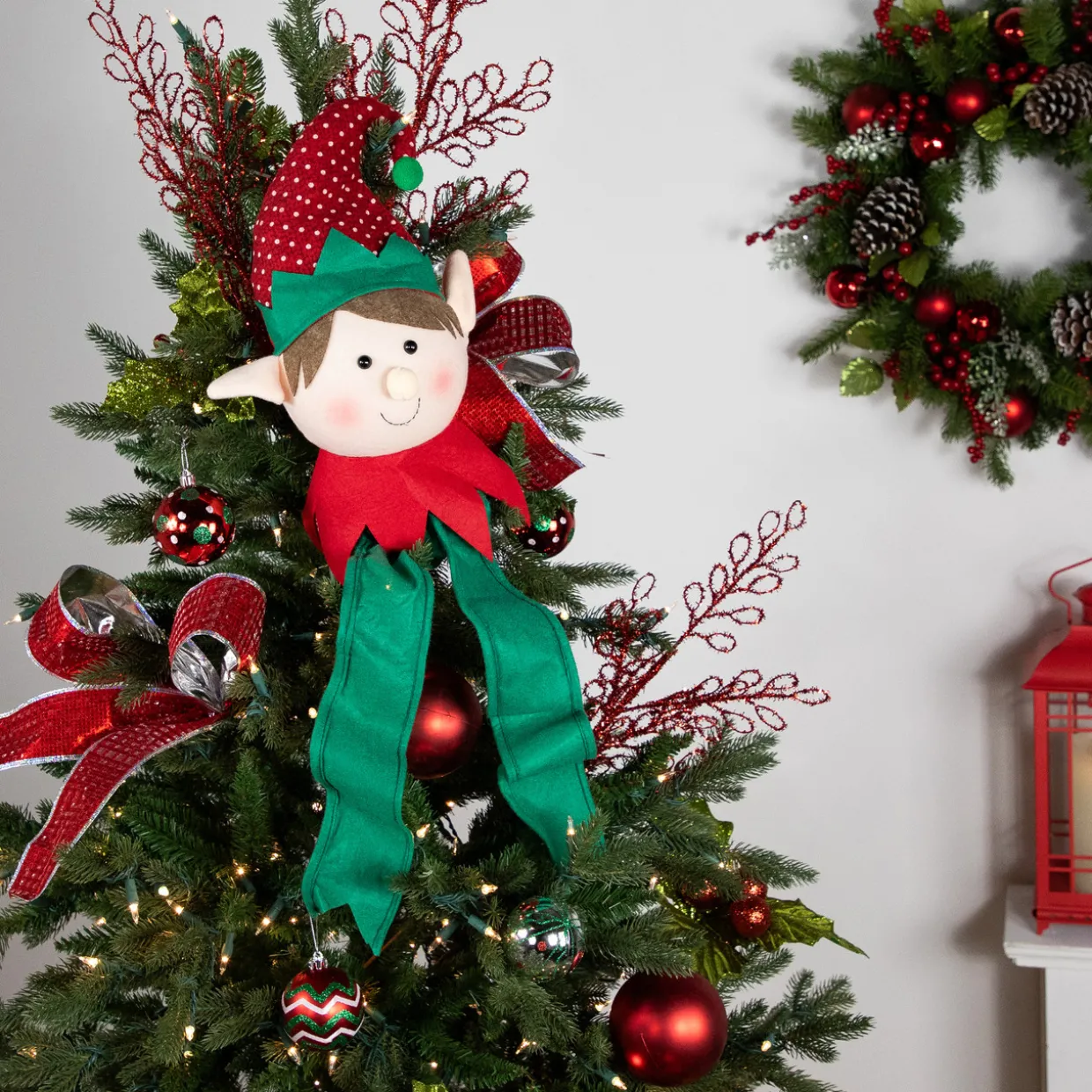 16" Plush Red and Green Elf Christmas Tree Topper, Unlit