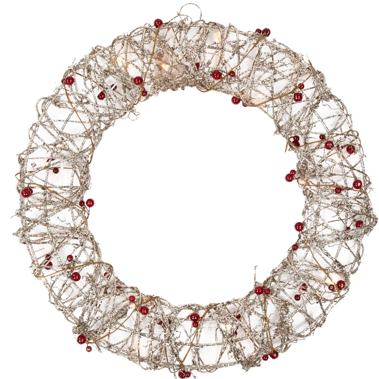18" Pre-Lit Champagne Gold Glittered Rattan Berry Artificial Christmas Wreath - Clear Lights