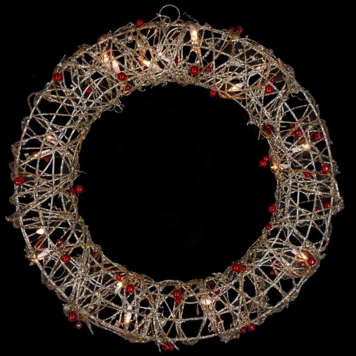18" Pre-Lit Champagne Gold Glittered Rattan Berry Artificial Christmas Wreath - Clear Lights