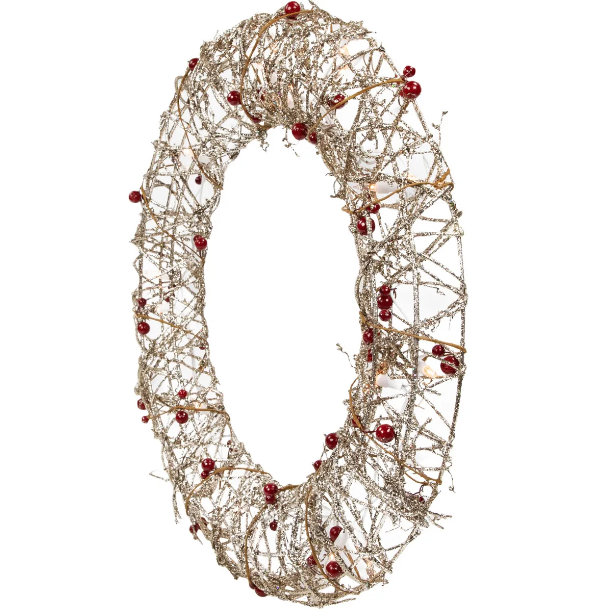 18" Pre-Lit Champagne Gold Glittered Rattan Berry Artificial Christmas Wreath - Clear Lights