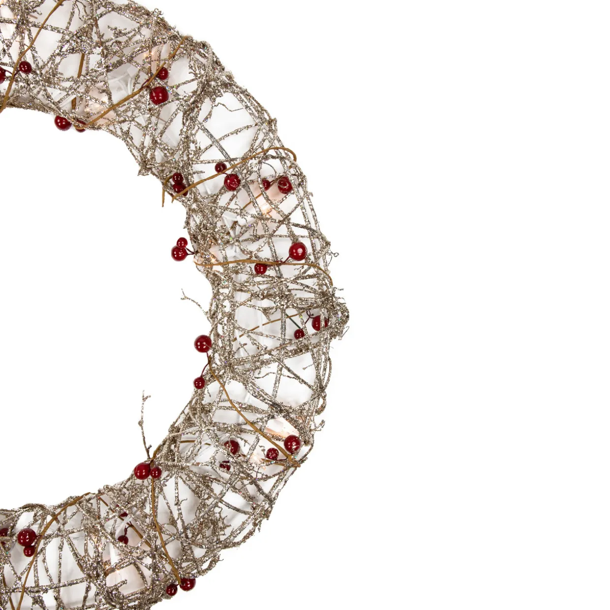 18" Pre-Lit Champagne Gold Glittered Rattan Berry Artificial Christmas Wreath - Clear Lights