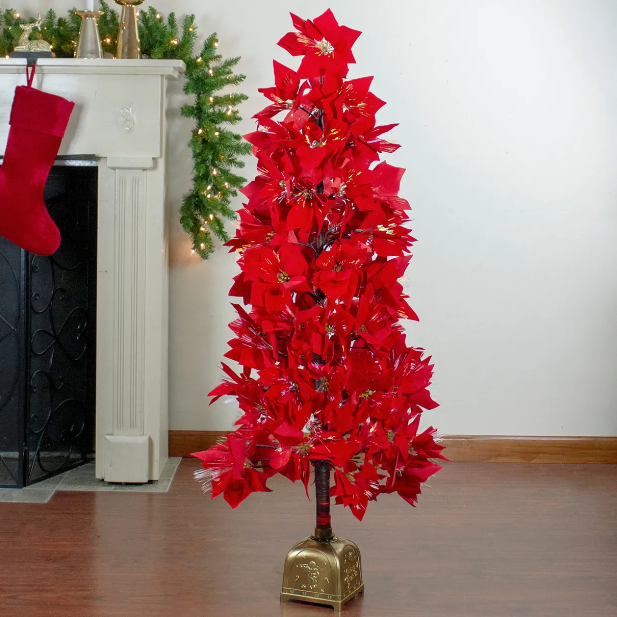 4' Pre-Lit Fiber Optic Color Changing Red Poinsettia Christmas Tree