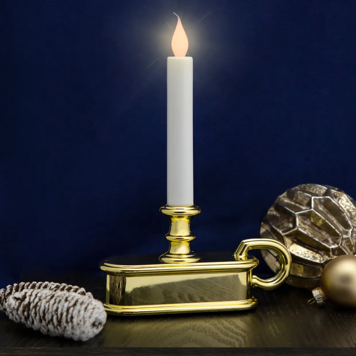 9.5" Pre-Lit LED White Lighted Christmas Candle Lamp with Gold Handle Base