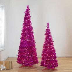 6' Pre-Lit Pink Tinsel Pop-Up Artificial Christmas Tree, Clear Lights
