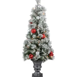 4’ Pre-Lit Potted Snowy Bristle Pine Flocked Artificial Christmas Tree, Clear Lights