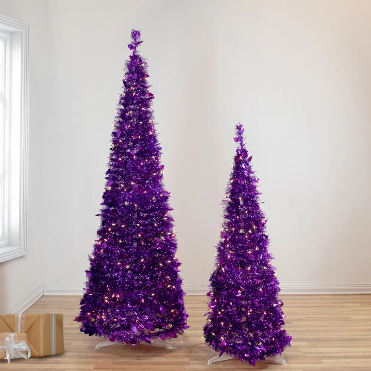 4' Pre-Lit Purple Tinsel Pop-Up Artificial Christmas Tree, Clear Lights