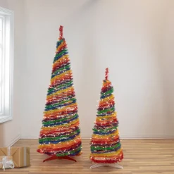 6' Pre-Lit Rainbow Tinsel Pop-Up Artificial Christmas Tree, Clear Lights