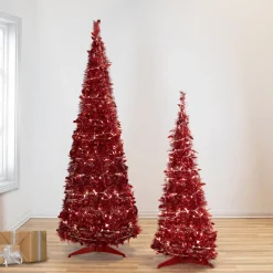 6' Pre-Lit Red Tinsel Pop-Up Artificial Christmas Tree - Clear Lights