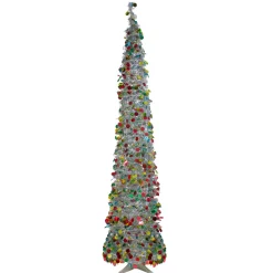 6' Pre-Lit Silver Tinsel Pop-Up Artificial Christmas Tree - Warm White LED Lights