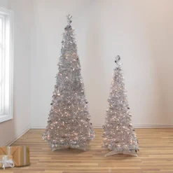 6' Pre-Lit Silver Tinsel Pop-Up Artificial Christmas Tree - Clear Lights