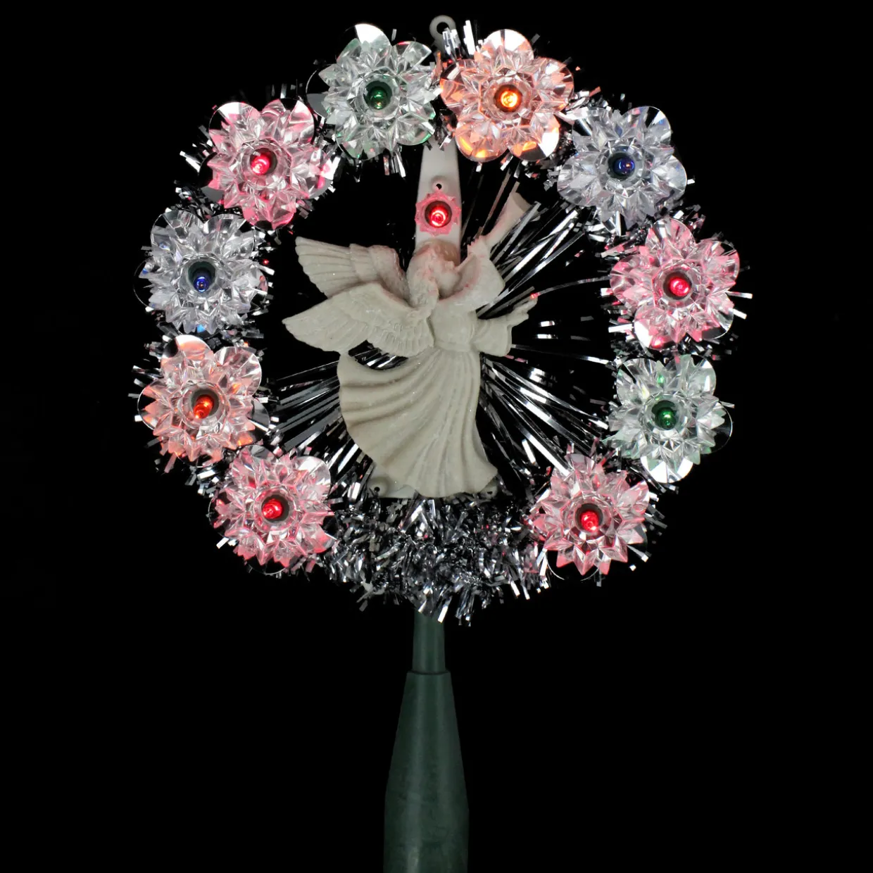 7.5" Pre-Lit Silver Tinsel Wreath with Angel Christmas Tree Topper - Multi Lights