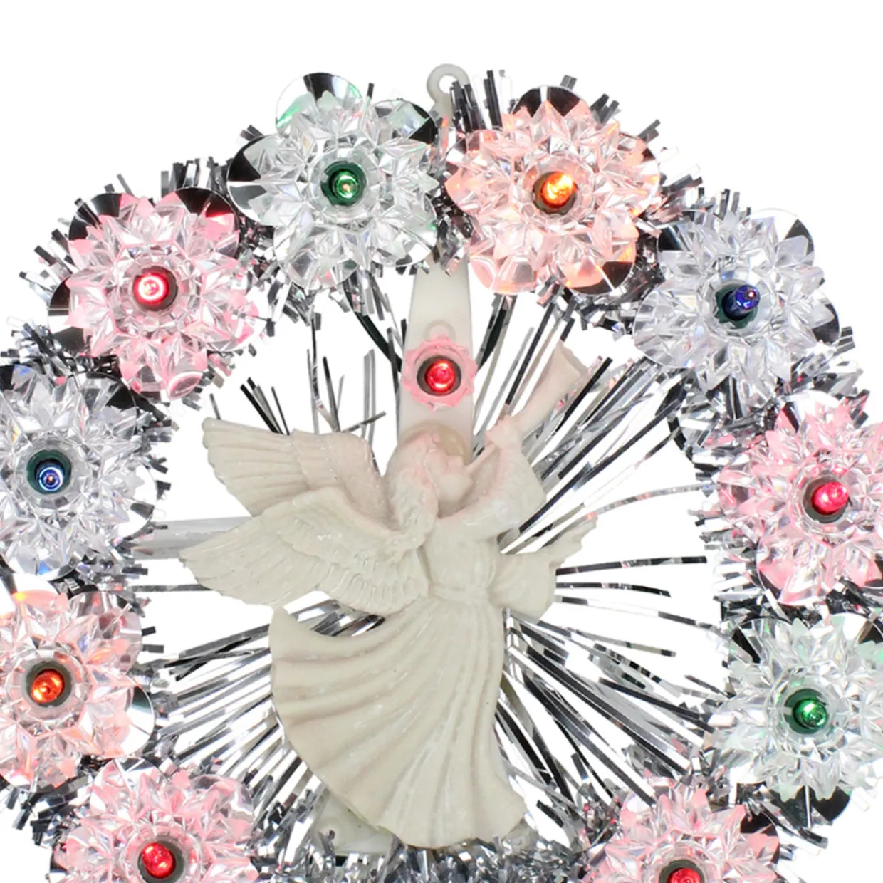 7.5" Pre-Lit Silver Tinsel Wreath with Angel Christmas Tree Topper - Multi Lights