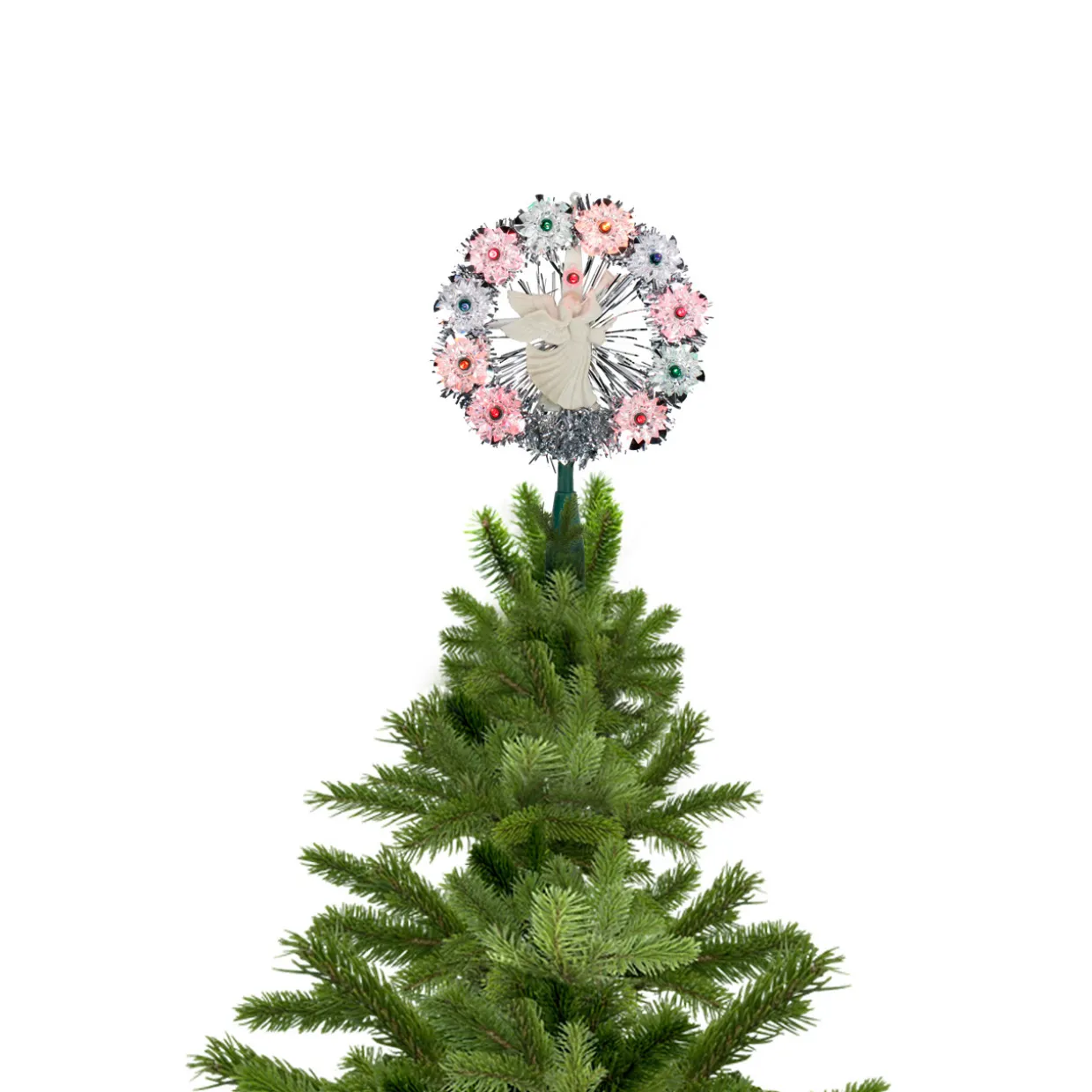 7.5" Pre-Lit Silver Tinsel Wreath with Angel Christmas Tree Topper - Multi Lights