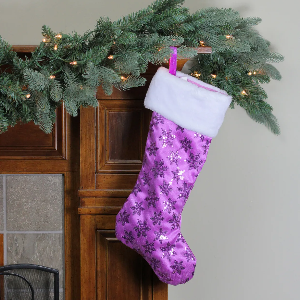 19" Purple Sequin Snowflake Christmas Stocking with White Faux Fur Cuff