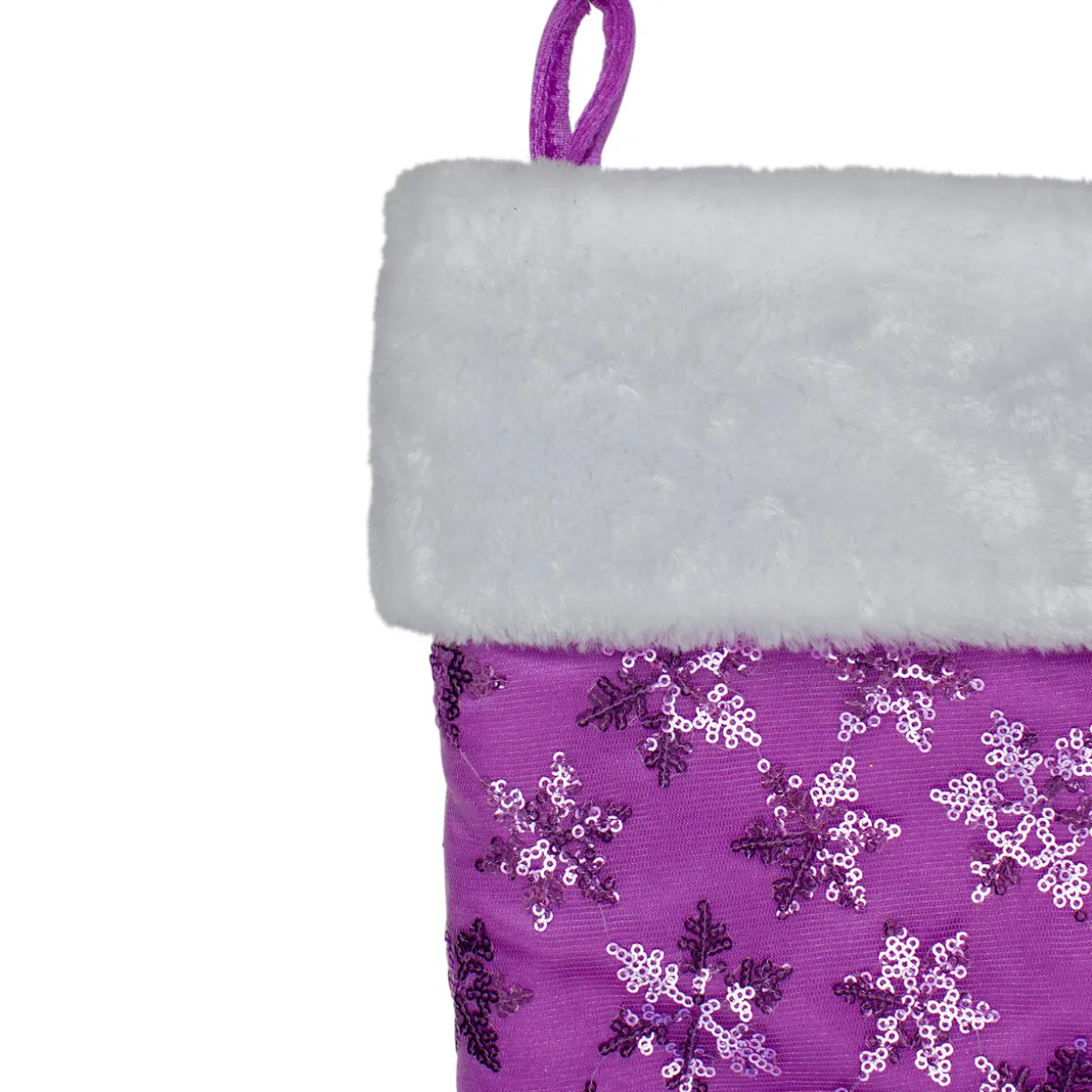 19" Purple Sequin Snowflake Christmas Stocking with White Faux Fur Cuff
