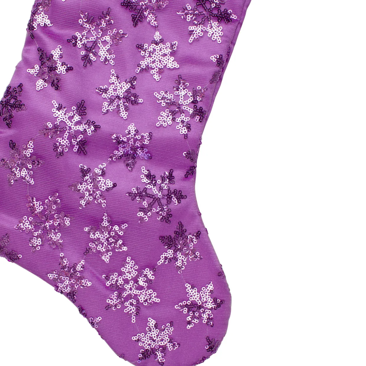 19" Purple Sequin Snowflake Christmas Stocking with White Faux Fur Cuff