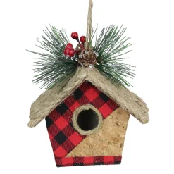 5.75" Red and Black Buffalo Plaid Hanging Bird House Christmas Ornament
