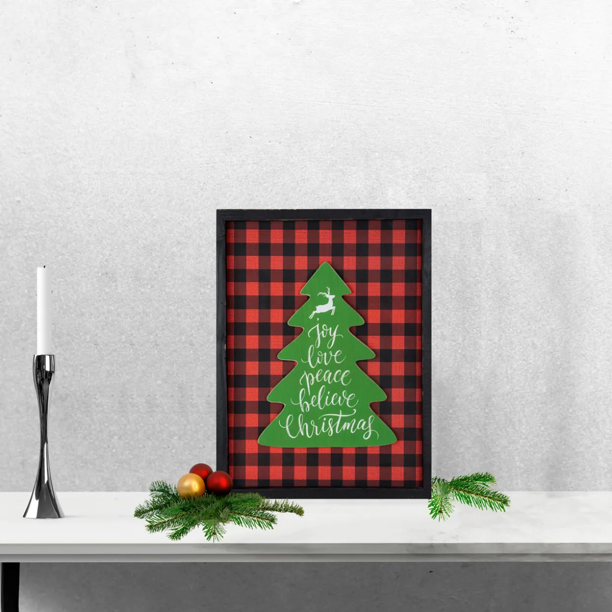 16" Red and Black Buffalo Plaid Christmas Tree Shadow Box Wall Plaque